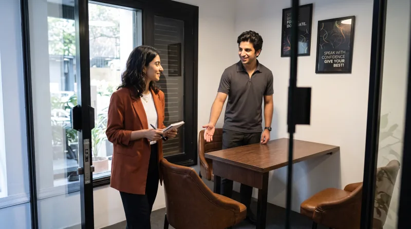 A Salsoft colleague welcoming a new team member into a meeting room.
